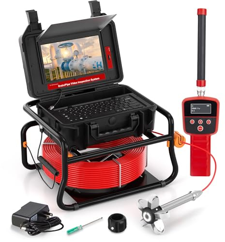 Camara Inspeccion Tuberias con Localizador de 512 Hz, Pantalla Táctil de 10.1 Pulgadas 1080P, Camara Tuberias con Autonivelación y Transmisor, Cámara de Inspección con Grabador de Audio