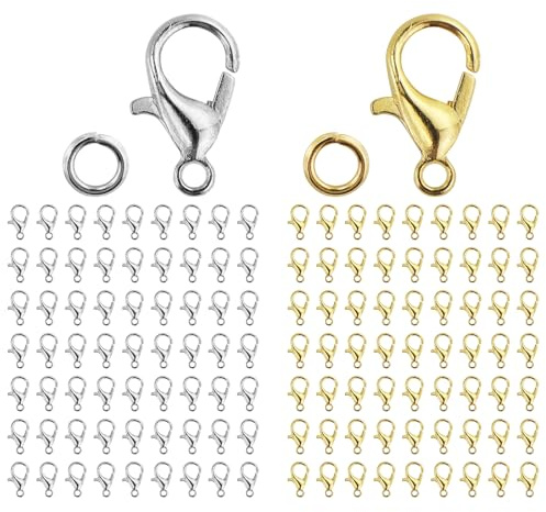 100 Pcs Lobster Clasps with 200 Pcs Open Jump Ring Set, Jewelry Bracelet Connectors Necklace Clasp Bracelet Clasp Jump Rings for Jewelry Making (Silver & Gold)