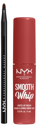 NYX Professional Makeup Rossetto Liquido Smooth Whip Tinta Labbra Matte Bday Frosting con Burro di Karité Flacone da 4ml + Pennello Labbra Pro Brush Lip con Punta Sottile - Set da 2