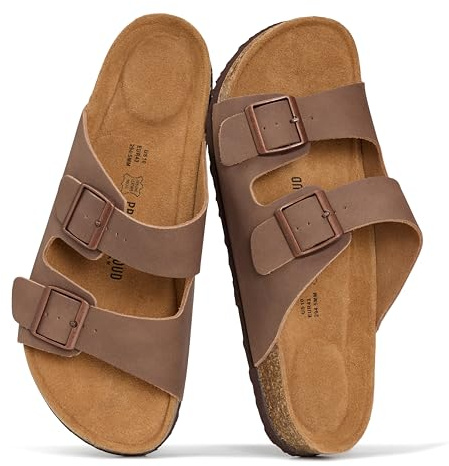 Project Cloud 100% Genuine Leather Mens Sandals - Memory Foam Insole & Cork Footbed Slides for Men Footwear - Non-Slip Summer Sandals for Men & Lightweight Mens Slides (Heritage, BROWNDUS-9D)