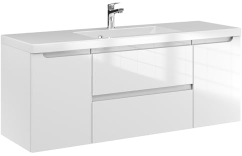 Furni Waschtischunterschrank ETH 120 cm D – Weiß Hochglanz – Hängender Badschrank mit Mineralguss-Waschbecken – Frezgriffe – Vormontiert