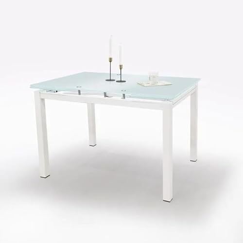 Bissolo Casa Tavolo Allungabile con Vetro Temperato, Struttura in Metallo Bianco, 110x70x75 cm, Estensibile a 170 cm, con 2 Allunghe