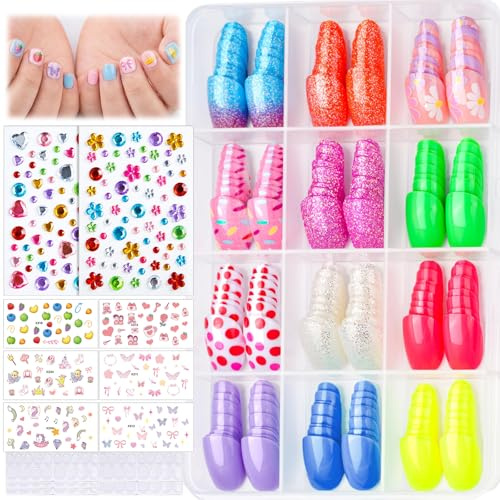 Tryck på naglar för flickor, 12 mönster ombre glitter press på naglar för barn, 6 ark stjärna jordgubb rosetter blommor nagelklistermärken för barn, färgglada 3D-strasstenar klistermärken