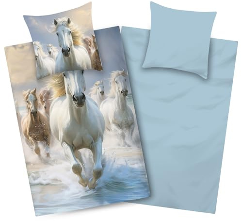 Aminata kids Bettwäsche Mädchen 135x200 Pferd - 100% Baumwolle blau weiß | Kinder-Bettwäsche mit Pferde-Motiv - YKK Reißverschluss - Wendebettwäsche