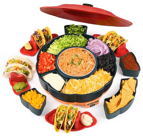 Taco Tuesday Kit, Taco Bar Serving Set for a Party with 3-Temp Control, 6 Removable Trays & 4 Taco Holders, 33oz Heated Pot, Lazy Susan Taco Bar for Nachos, Fajitas, and Burritos (Green)