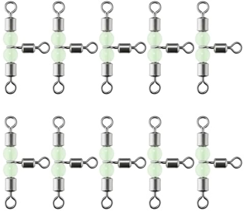 DOODLREAM 10 piezas giratorias de pesca de 3 vías con cuentas luminosas, giro en T de 1.3 x 0.6 pulgadas, giro en T, aparejos de acero inoxidable de rotación suave de 360° para agua salada, agua dulce