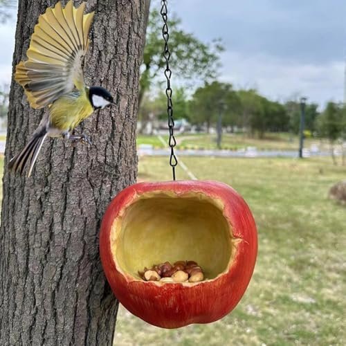 Comedero para pájaros en forma de manzana, resina y hierro, resistente a la intemperie, salvaje para decoración de jardín, patio, balcón