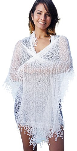 Cindy and Wendy Lightweight Soft Leaf Lace Fringes Scarf shawl for Women (White-SH)