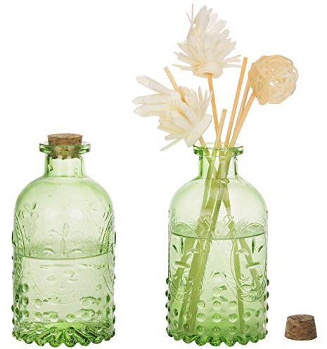 MyGift Vintage Embossed Green Glass Small Reed Diffuser Bottle with Cork Lid, Decorative Flower Bud Vase, Set of 2