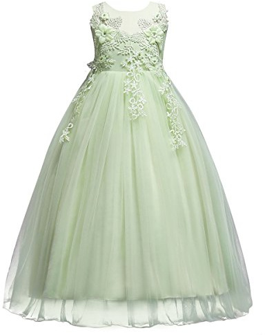MYRISAM Flower Girls Princess Tulle Lace Pageant Dress Embroidery Wedding Bridesmaid Birthday Carnival Christmas Graduation Dance Party Floor Length Ball Gown Light Green 11-12T