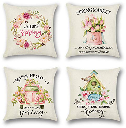 Artscope 4er-Set Dekorativ Kissenbezug 45 x 45 cm, Polyester Leinen Kissenbezüge Dekokissen Kissenhülle Set Kissen Fall für Sofa Auto Schlafzimmer Zuhause Dekor (Frühling - D)