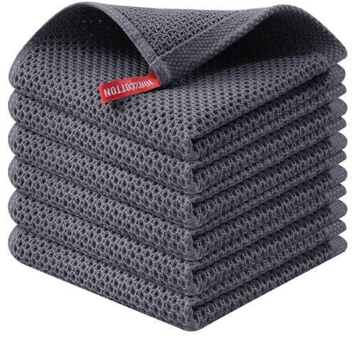 Kitinjoy 100% Cotton Kitchen Dish Cloths (12 X 12 Inches, Dark Grey), 6 Pack Waffle Weave Ultra Soft Absorbent Dish Towels for Drying Dishes Quick Drying Kitchen Towels Dish Rags