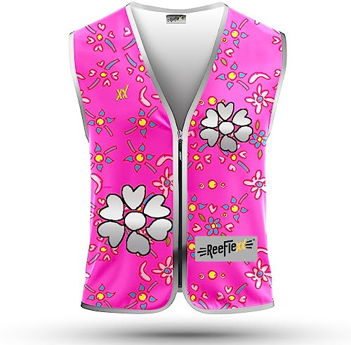 REEFLEXX Warnweste Kinder Sicherheitsweste, erhöhte Sichtbarkeit im Straßenverkehr, Schule, Fahrrad oder Auto, Pink Flower Hearts - Größe S