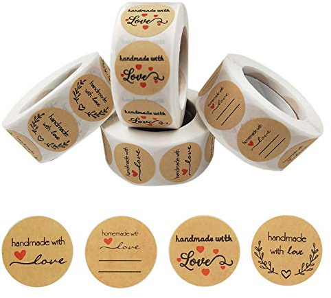 2000 Stück Handmade Aufkleber,Etiketten Marmelade 4 Rollen Love Aufkleber | Sticker Kraft Selbstgemacht Mit Liebe Etiketten Rund Selbstklebend Geschenkaufkleber