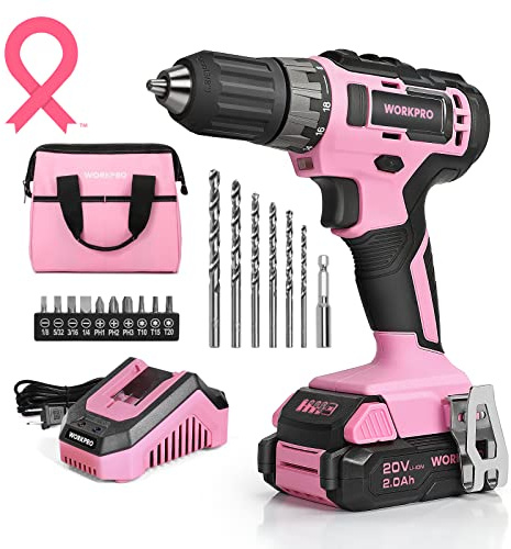 WORKPRO 20V Pink Cordless Drill Driver Set, 3/8” Keyless Chuck, 2.0 Ah Li-ion Battery, 1 Hour Fast Charger and 11-inch Storage Bag Included - Pink Ribbon
