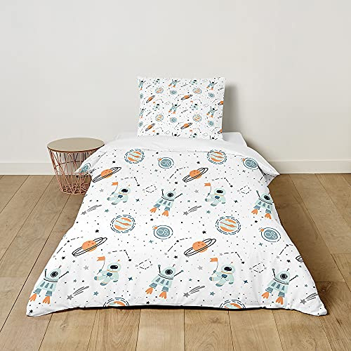Morbuy Juego de Ropa de Cama para Niños Bebé, Set de Fundas Infantiles para Edredón con Motivo de Universo, Microfibra Funda Nórdica y Funda de Almohada (Cohete Blanco,120x150cm)