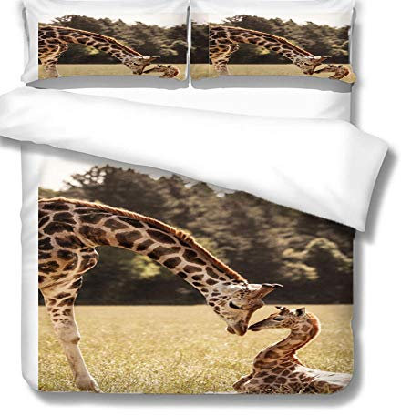 Bettwäsche Bettbezug 3D Giraffe Bedruckter Biber bettwäsche 135x200 cm 3 teilig Betten Set Weich Atmungsaktiv Microfaser mit 2 Kissenbezug 80 x 80 cm für Kinder Jungen Mädchen