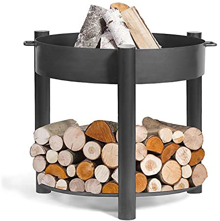 Cookking Montana Brasero rond pour jardin et terrasse avec compartiment en bois XXL, acier, noir, 80 x 80 x 80 cm