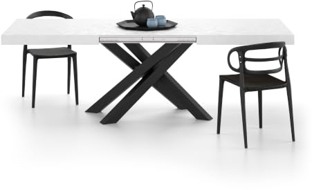 MOBILI FIVER, Ausziehbarer Esstisch Emma 160(240) x90 cm, Weißer Beton mit Schwarzen gekreuzten Beinen, Made In Italy