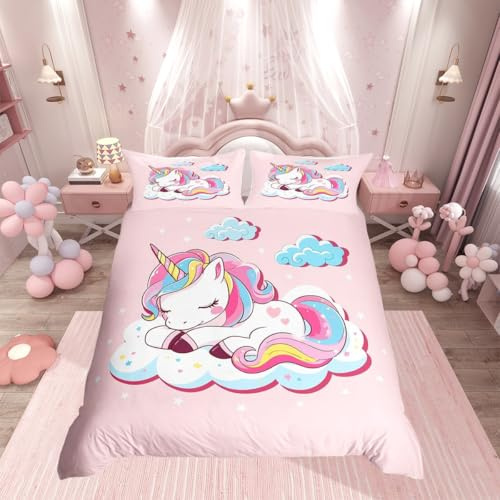 Homemissing Set di Biancheria da Letto Con Unicorno - Motivo a Animali Magici per Bambine e Ragazze - Copripiumino Matrimoniale, 3 Pezzi