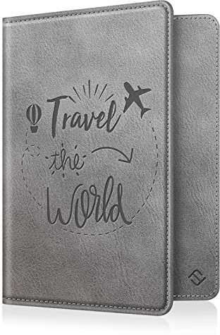 FINTIE Reisepass Impfpass Schutzhülle - Premium Kunstleder Reisepasshülle Travel Organizer mit RFID-Blockier für Kreditkarten, Ausweis, Reisedokumente Damen Herren, Vintage Grau