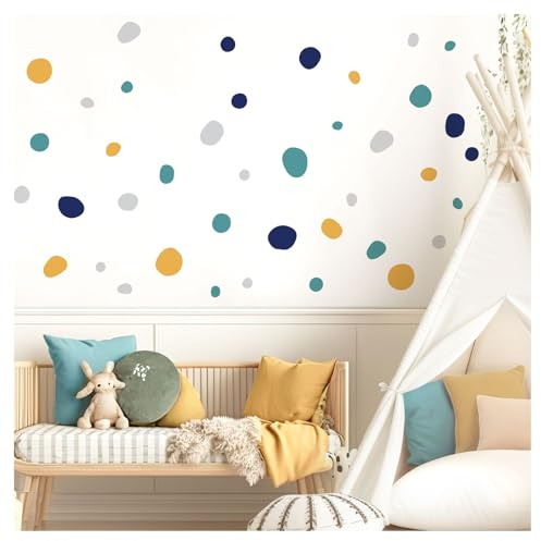 DEKO KINDERZIMMER Wandsticker Tupfen 92 Stück Set Wandtattoo Kinderzimmer Klebepunkte Dots blau Mint gelb Babyzimmer Wandaufkleber selbstklebend DK1018-2
