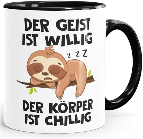 MoonWorks® Kaffee-Tasse mit Spruch Der Geist ist willig Der Körper ist chillig Faultier Bürotasse lustige Kaffeebecher Weiss-innen-schwarz standard