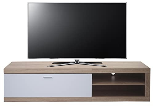 Meuble TV HWC-L33 Bois 43x180x41cm Compartiment de Rangement, Imitation chêne, Blanc