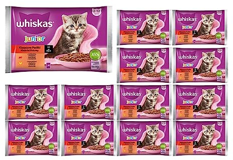 Whiskas Junior Katzennassfutter Klassische Auswahl in Sauce mit Rindfleisch und Huhn, 52 Portionsbeutel, 13x4x85g – Hochwertiges Katzenfutter nass, für heranwachsende Katzen von 2 bis 12 Monaten