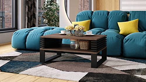 designimpex Design Couchtisch Gokee Tisch Wohnzimmertisch 90x42x60cm mit Ablagefläche, Farbe:Eiche dunkel/Schwarz matt