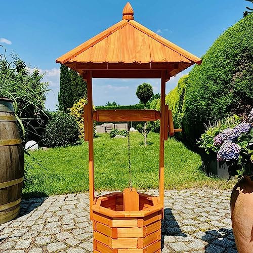 DARLUX Garten-Deko-Achteck-Brunnen Holz Brunnen Braun Höhe 130 cm Gartenbrunnen Zierbrunnen Gartenmdeko imprägniert Holzbrunnen