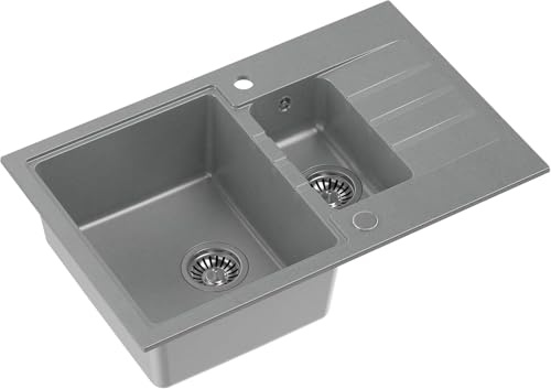QUADRON Doppelbecken-Spüle Spülbecken Küchenspüle | Größe 78 x 50 x 20 cm, Grau & Stahl | PETER 156 Granit Granitspüle | Doppelbecken Spüle Küche | Unterschrank ab: 60 cm