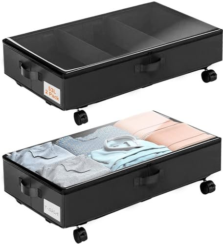 Fubiaofei 53L Large Under Bed Storage, 2 Pack Underbed Storage Box on Wheels, Foldable Under Bed Clothes Storage Box W/Handle & Metal Bottom Support, Under Storage Organiser Drawer with Clear PVC Lid