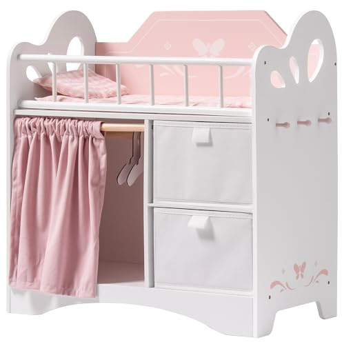 ROBOTIME Baby Doll Crib, Wooden Doll Bed, Toy Baby Crib with Storage, Bedding, and Wooden Hooks, Doll Crib Fits Dolls up to 21, Doll Furniture for American Girls Ages 3+ (Pink)