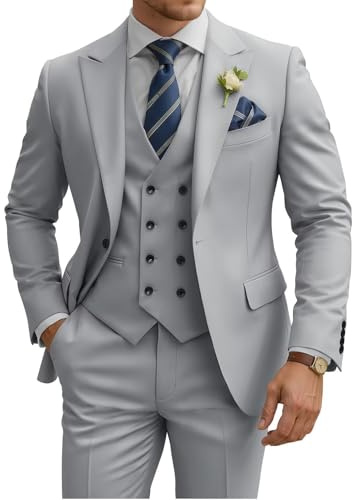 TIJOFA 3 Piece Suit Men Slim Fit Double Breasted Suit for Men Wedding Suits Classic One Button Formal Prom Dinner Tuxedo, Silver Grey, M