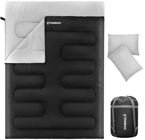 TOMSHOO Doppelschlafsack, Wasserdicht und Tragbarer Schlafsack 2 Personen mit 2 Kissen und 1 Tragetasche, Angenehme Temperatur, für Camping, Rucksackreisen, Wandern, mehr, Schwarz