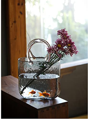 Glass Vase with Elegant Purse Design, Hand Purse vase with Fish Bowl, Unique Flower Vase with Handle and Bubbles - for Home Decor/Office/Garden/Wedding Decor/Enterpiece/Events(Light Gray)