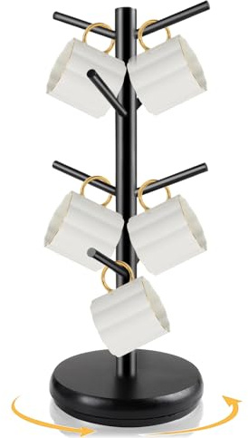 mumisuto Soporte Tazas, Soporte de Árbol Taza con 8 Ganchos, 360 ° Giratorio, Organizador Tazas de Madera con Base Engrosada Antideslizante, para Cafetería Restaurante