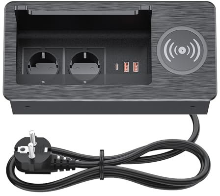 2-Fach versenkbare Steckdosenleiste mit 2 USB-C PD 20W und 1 USB-A, Aluminium Einbausteckdose mit,2m Kabel, Schwarz
