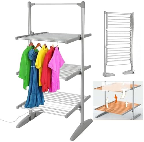 Tendedero De Ropa Plegable 3 Niveles Con CalefaccióN | Secadora De Ropa EléCtrica Plegable PortáTil De Aluminio | Ropa Seca Pie,300W 45-55 ℃ Temperatura Constante,Capacidad Carga 30 Kg,Silver