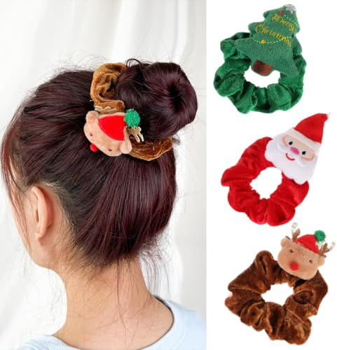 Scrunchies de Pelo de Navidad 3 Piezas - Coleteros de Terciopelo, Bandas Elásticas de Cabello, Accesorios Para Niña O Mujer (A)