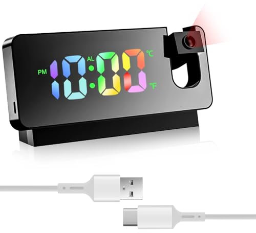 GOMETY Sveglia con proiezione, specchio termometro, display LED girante 180°, funzionamento USB, sveglia digitale soffitto, camera