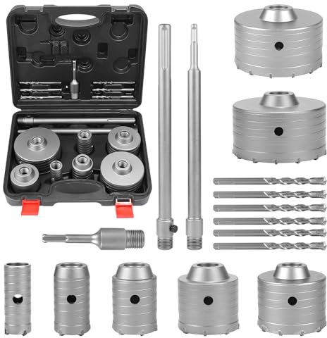 EXLECO 16pcs Carotatrice Muro set Carotatrice a Tazza per Muro Sega a Tazza Fresa a Tazza, 7 Punte Cave 30 40 50 65 80 100 110mm con 100mm 300mm SDS Plus & SDS Max 6 Punta Centraggio