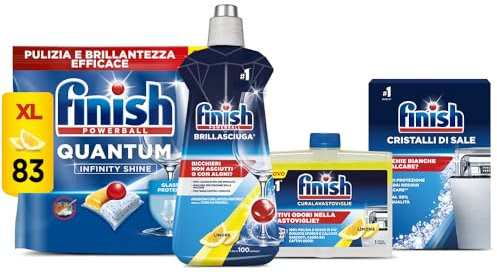 Finish Kit Lavastoviglie, 83 Pastiglie Quantum Infinity Shine al Limone, Brillantante Lemon 500ml, Curalavastoviglie al Limone 250ml, Cristalli di Sale 1kg