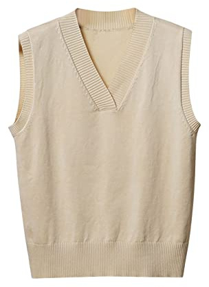 ANHATUIV Pull sans manches en tricot pour femme - Débardeur en tricot à carreaux - Pull surdimensionné à col en V - Tricot torsadé vintage rétro élégant - Printemps automne hiver, A01-beige, M