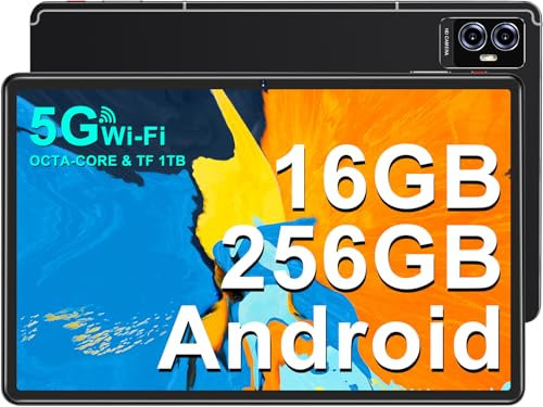 Tablette Android Tablette 11 Pouces Tablette avec 16Go RAM + 256Go ROM (TF 1To), 2000 x 1200 FHD, Octa-Core 2.0 GHz, 2.4G + 5G WiFi, 8600mAh, 5MP + 13MP, Bluetooth5.0, Tablette Tactile avec étui-Noir