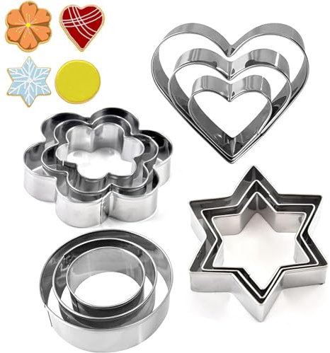 12 Stück Ausstechformen, Backset, Herz, Blume, rund, Sternform, Kekse, Edelstahl, Metallformen für Küche, Backen, Geburtstag, Weihnachten, Valentinstag, kleine Ausstechformen