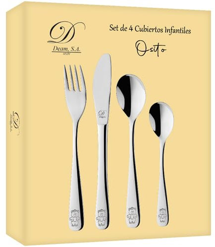 Estuche de 4 Cubiertos Infantiles con diseño de Osito. Disponible Grabado Personalizado (09712)