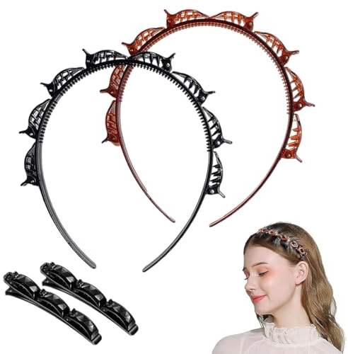OUDQFCJ 2 Pezzi Cerchietto con Mollette Incorporate, 2 Clip Nere Intrecciate, Cerchietti per Capelli Donna, Fasce Intrecciate per Acconciature, Accessori per Capelli