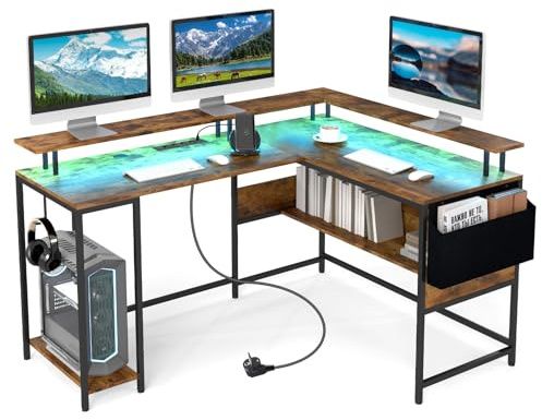 COSTWAY Escritorio Esquinero con Luces LED RGB y Tomas de Corriente, Mesa Gaming con Soporte para Monitor, Mando a Distancia, Gancho y Estante, Escritorio en L Oficina, 146 x 115cm (café)